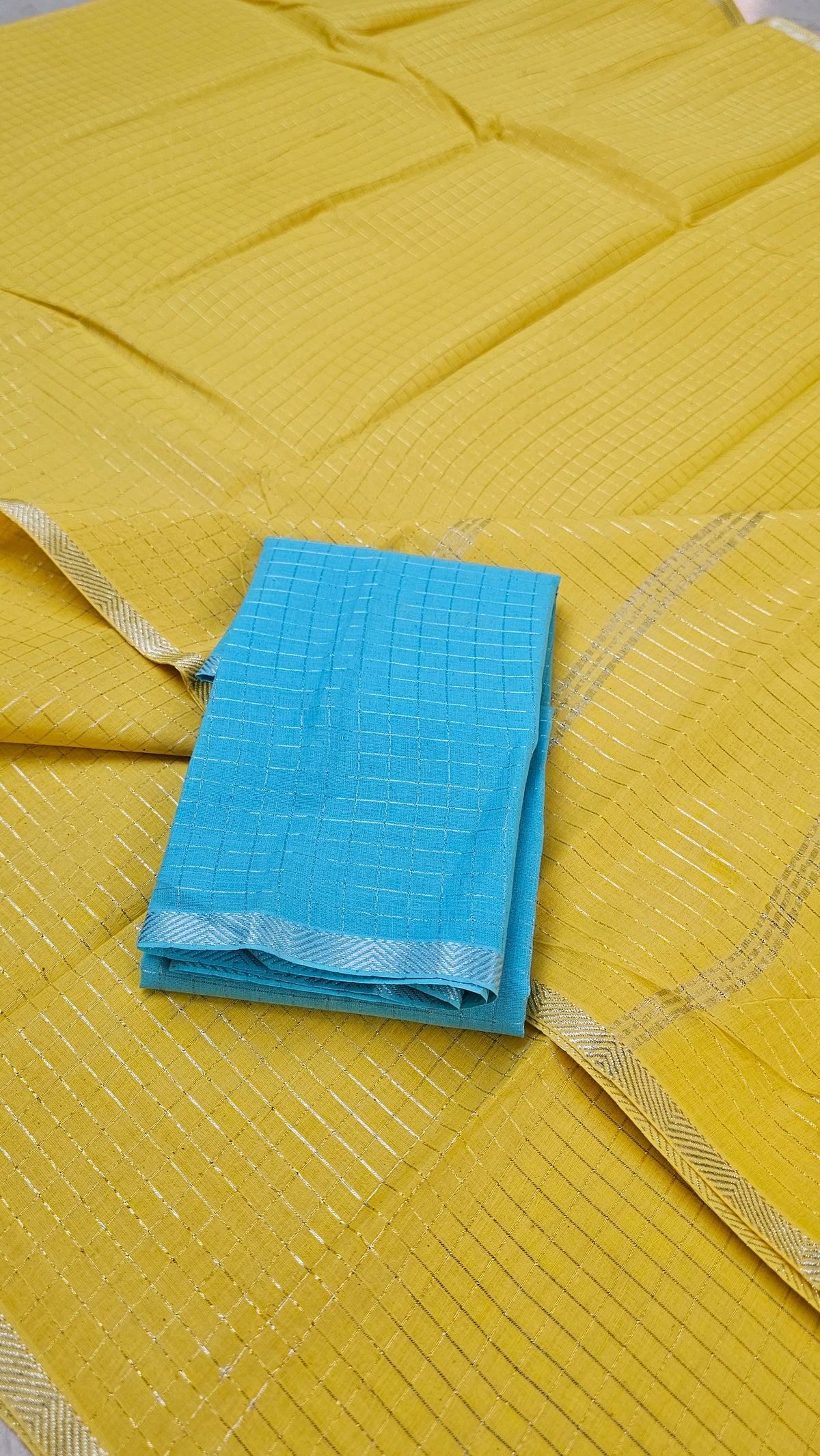 Sunshine Yellow Sungudi Saree with Self-Checks, Zari Border & Sky Blue Blouse Piece