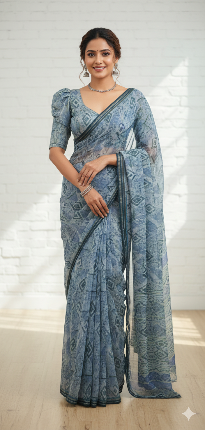 Digital printed organza saree