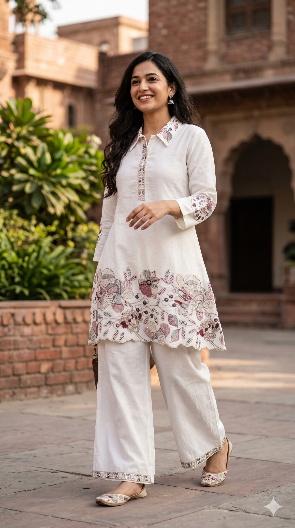 Premium White Floral Kurta Palazzo Co-ord Set | NAANAL