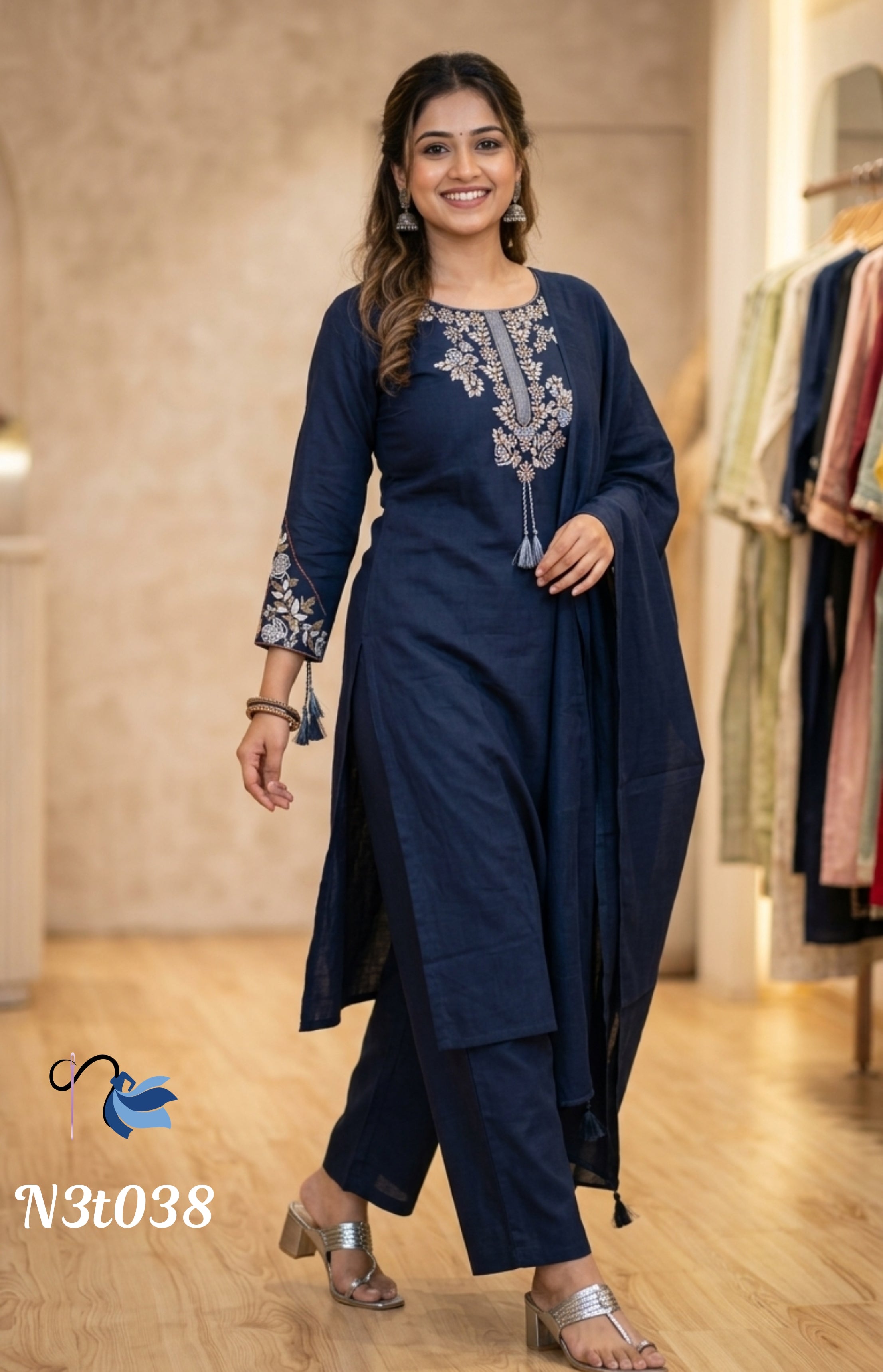 Naanal Navy Blue Handloom Cotton-Linen Embroidered Salwar Set
