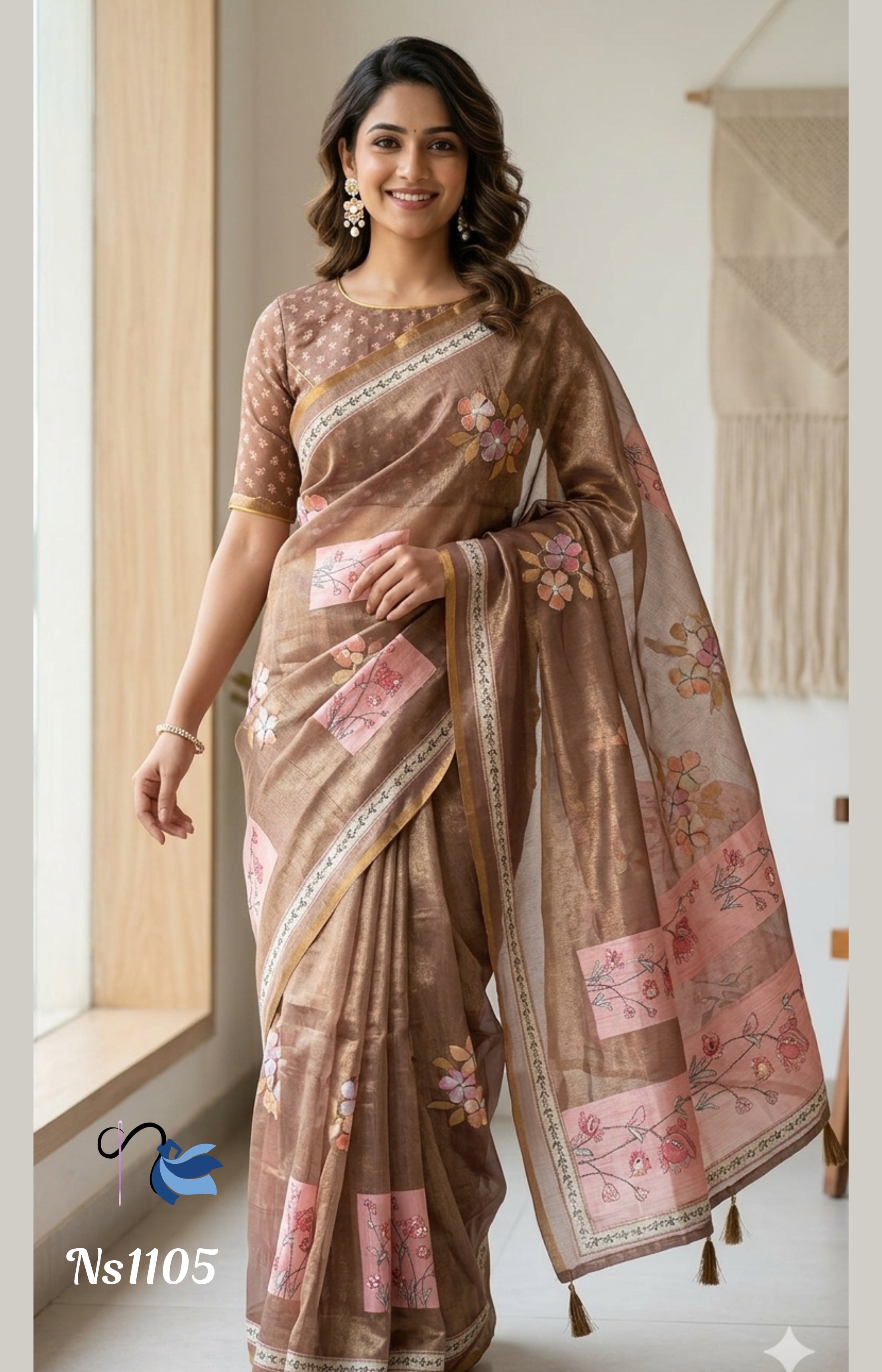 Shimmer Linen Cotton Saree with Floral Hand-Embellished Motifs | Naanal