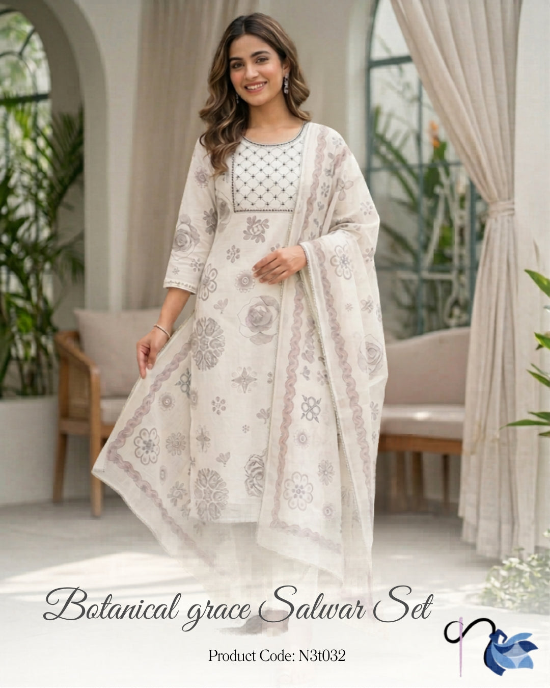 Elegant Ivory Floral Salwar Set with Hand-Embroidered Yoke | Naanal