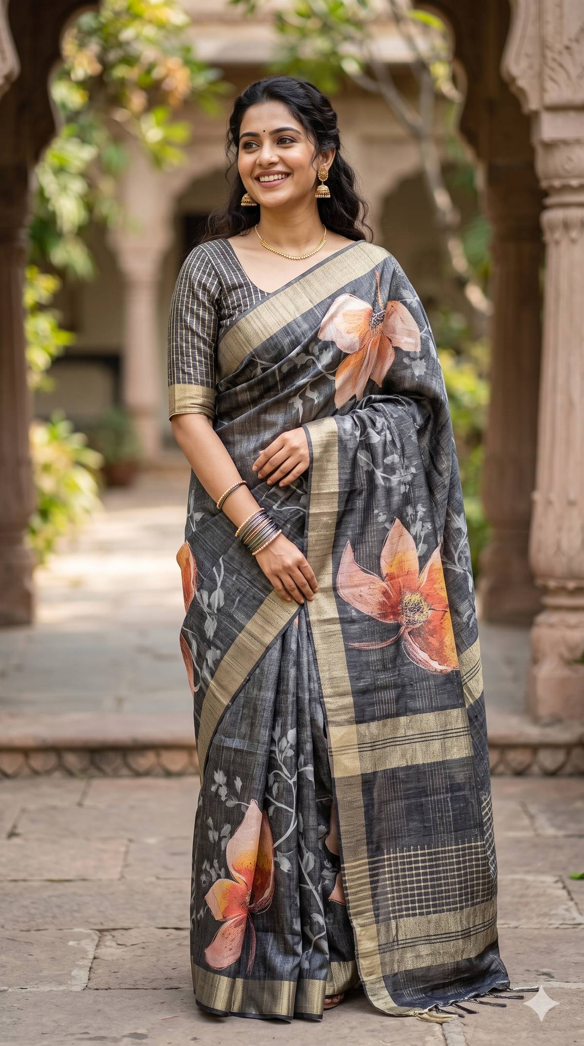 Black Floral Printed Tussar Silk Saree | Festive Wear | NAANAL