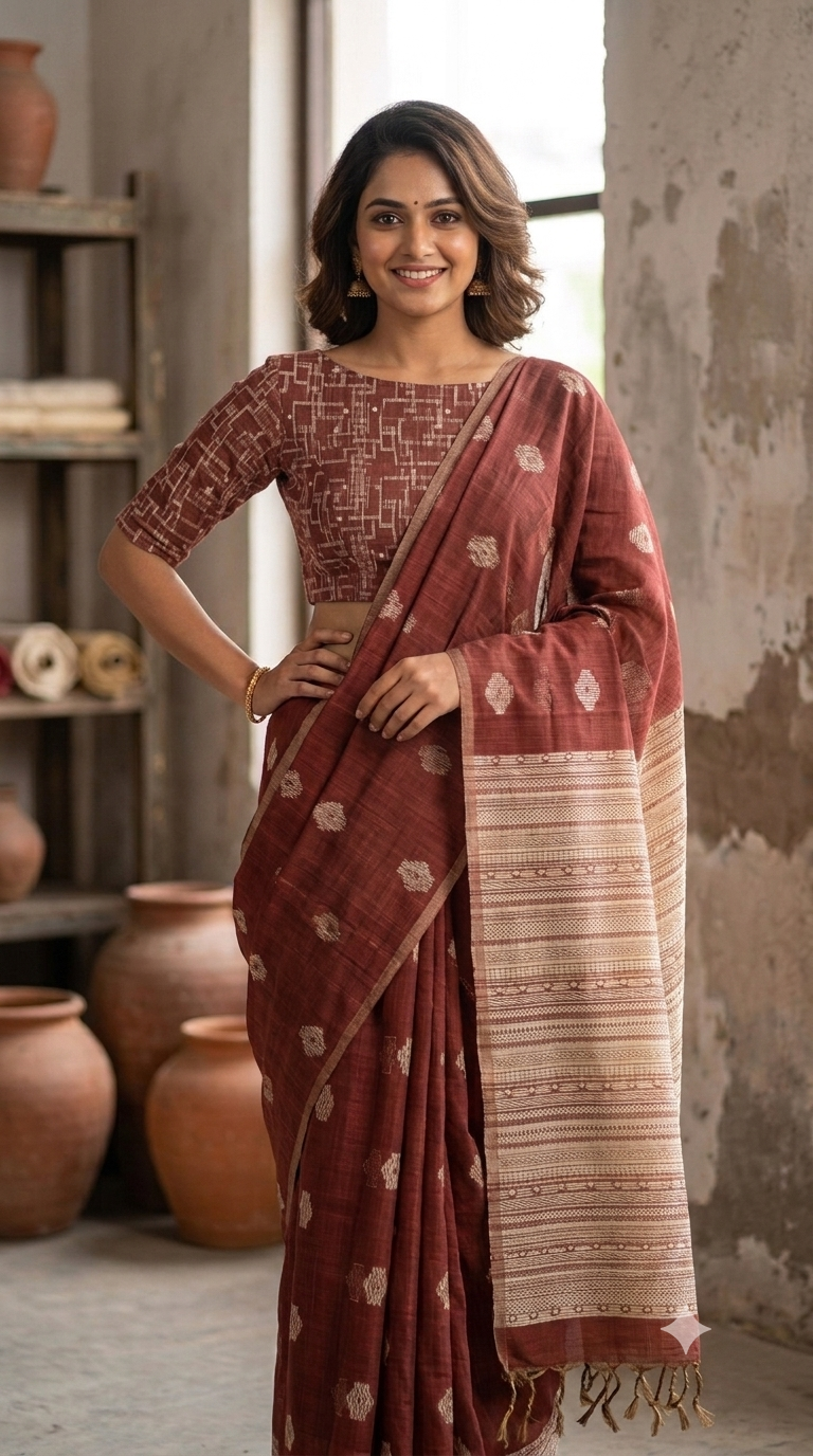 Maroon Pure Handloom Borderless Cotton Saree | NAANAL