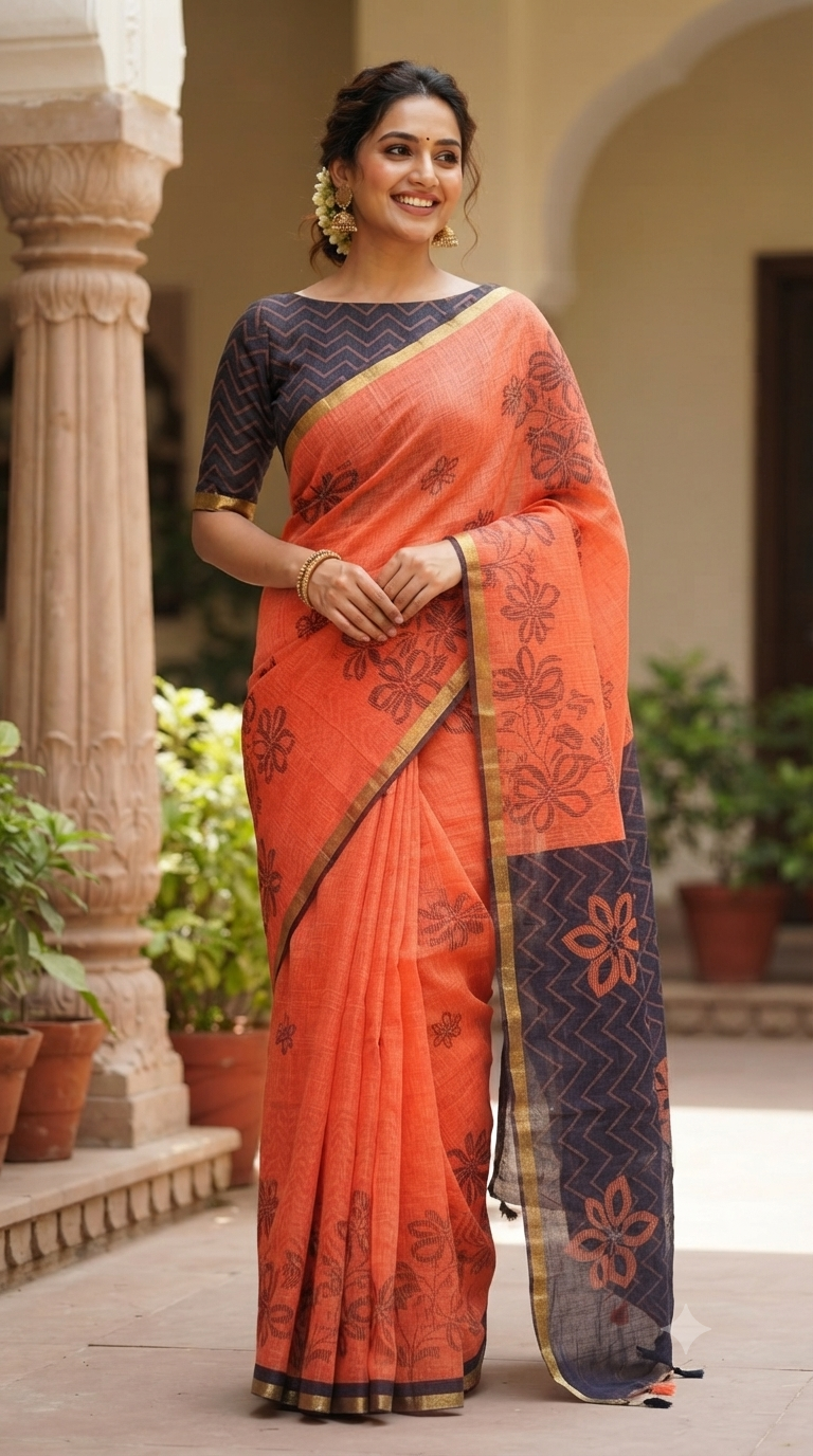 Elegant Orange & Charcoal Grey Linen Cotton Saree for Office Wear | NAANAL