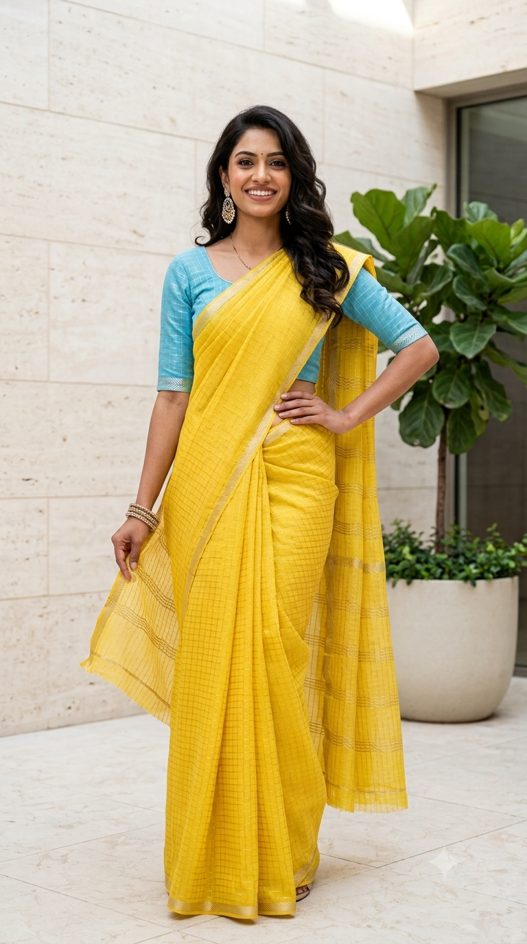 Sunshine Yellow Sungudi Saree with Self-Checks, Zari Border & Sky Blue Blouse Piece