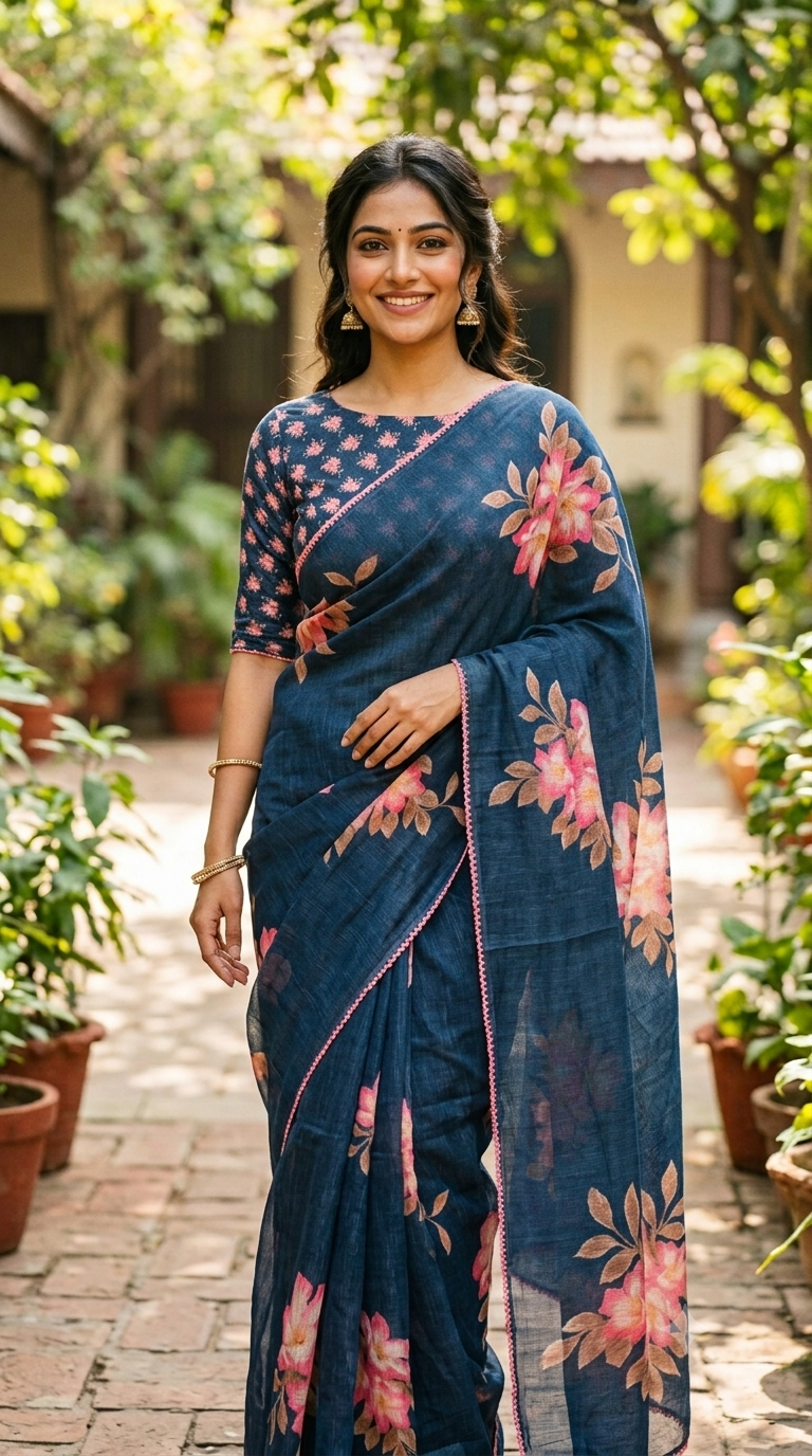 Indigo Blue Floral Linen Saree | Premium Office Wear