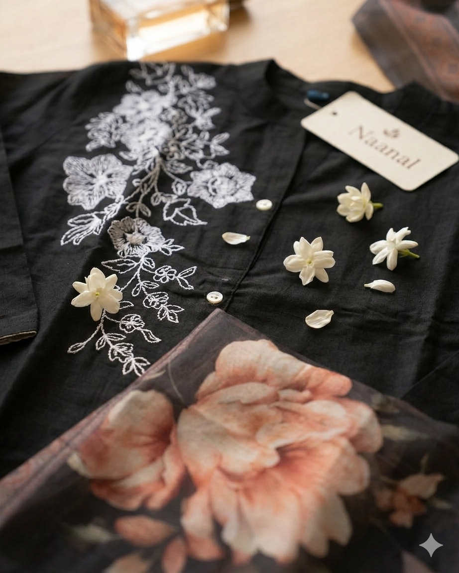 Black Floral 3-Piece Set | Festive Ethnic Wear | Naanal