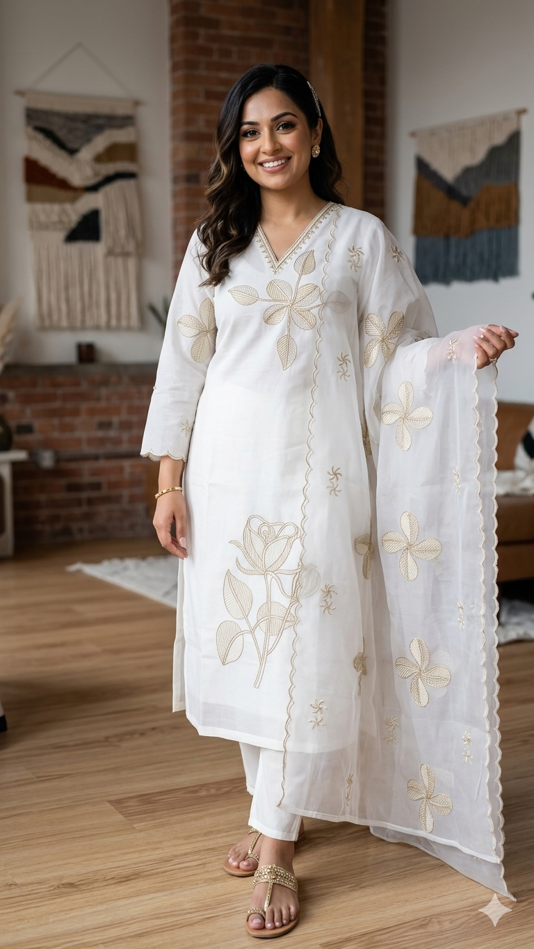 Half-White Organza Salwar Set with Gold Rose Embroidery| Naanal