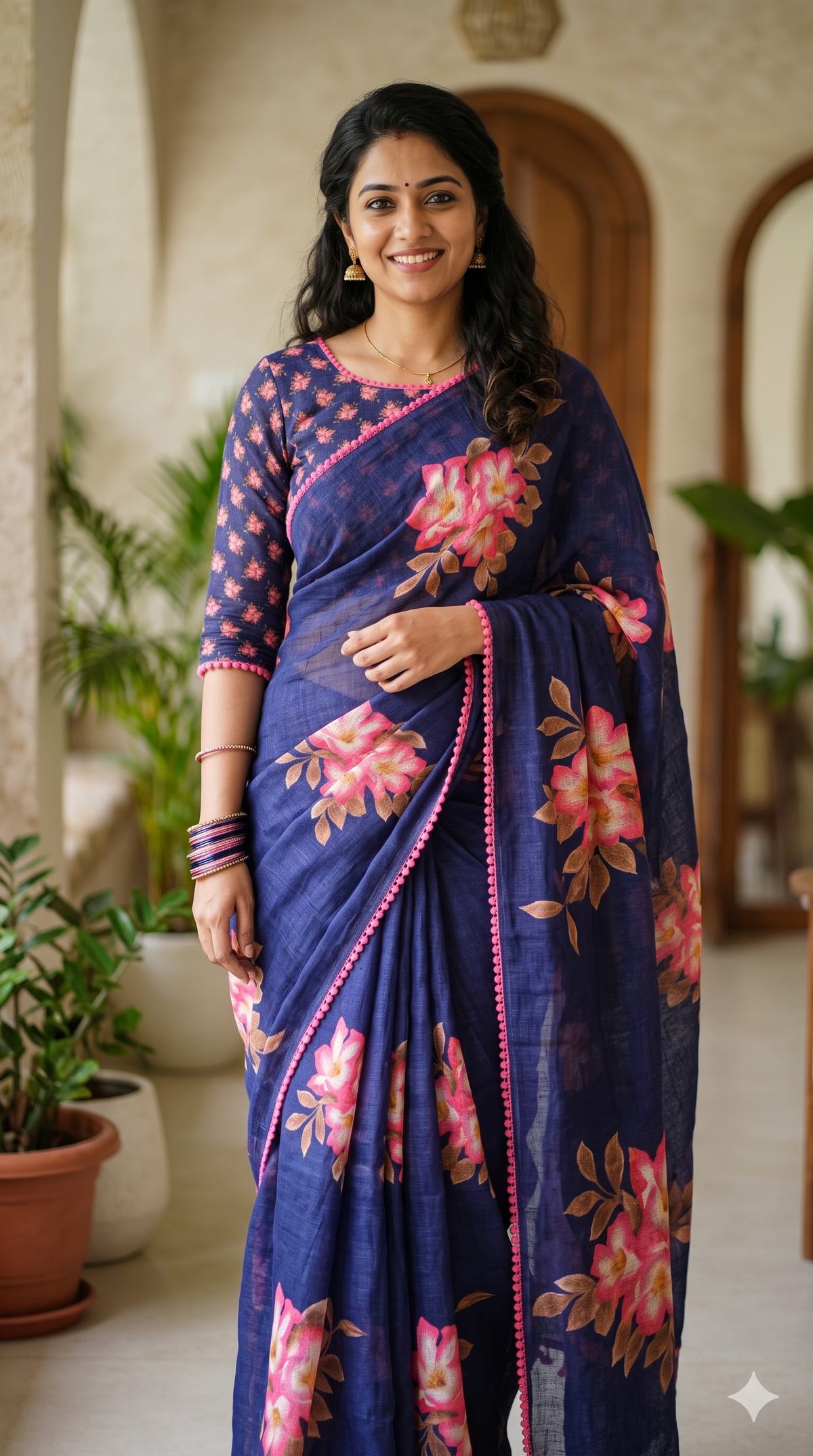 Deep Plum Floral Linen Cotton Saree | NAANAL