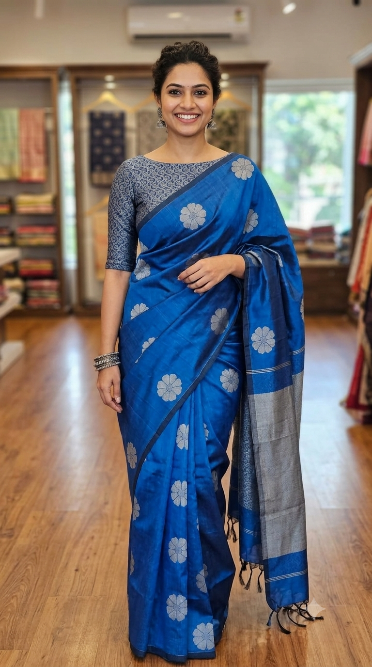 Royal Blue Floral Weave Silk Cotton Saree | NAANAL