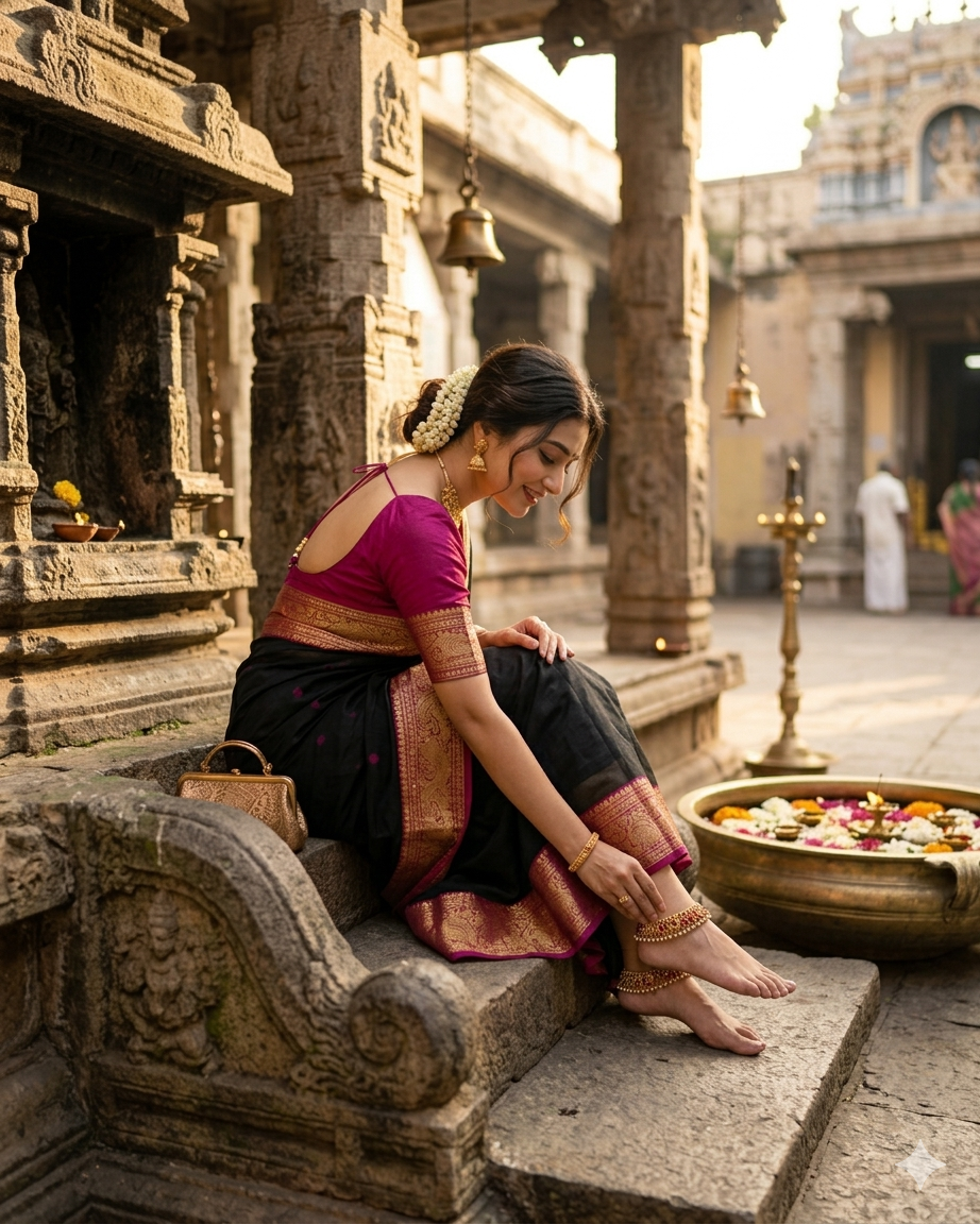 Woman in traditional attire sitting on stone steps in a temple courtyard.