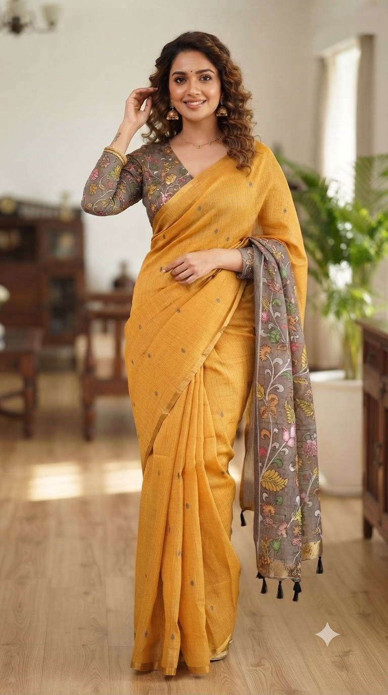 A woman modeling a mustard yellow saree with a patterned grey and multicolor border, paired with a matching printed blouse, in a warm indoor setting.