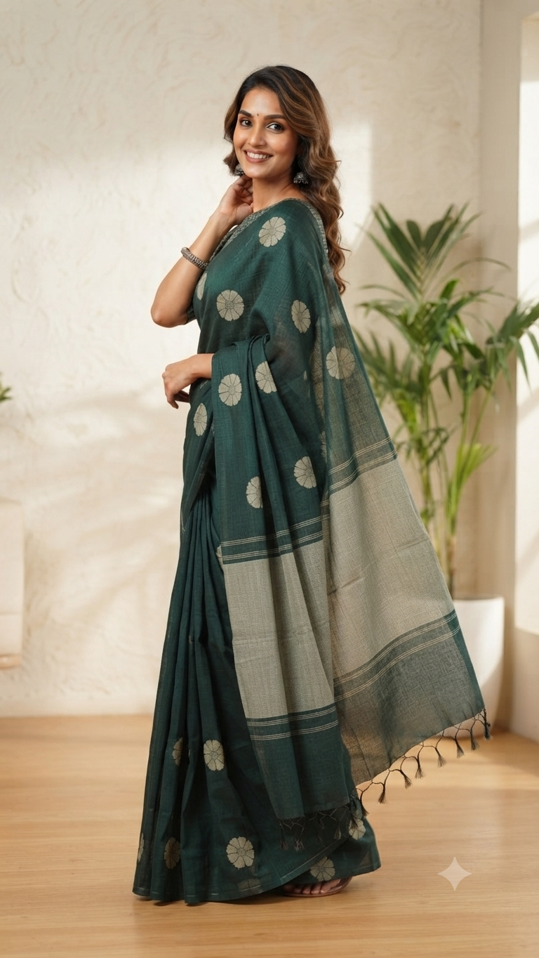 Elegant Dark Green Silk Cotton Saree with Floral Motifs and Matching Blouse – NAANAL