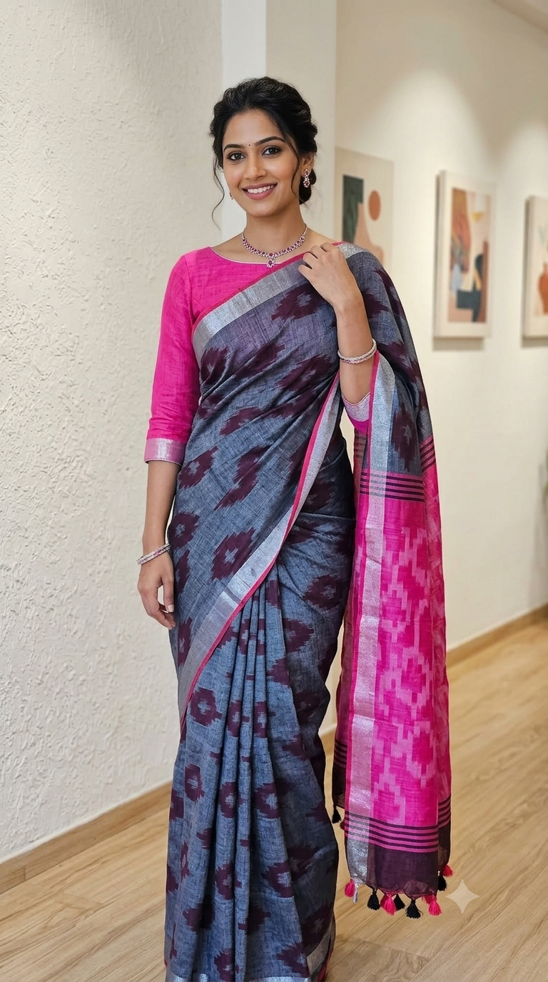 Charcoal Grey & Rani Pink Ikkat Linen Cotton Saree | Formal Workwear Collection