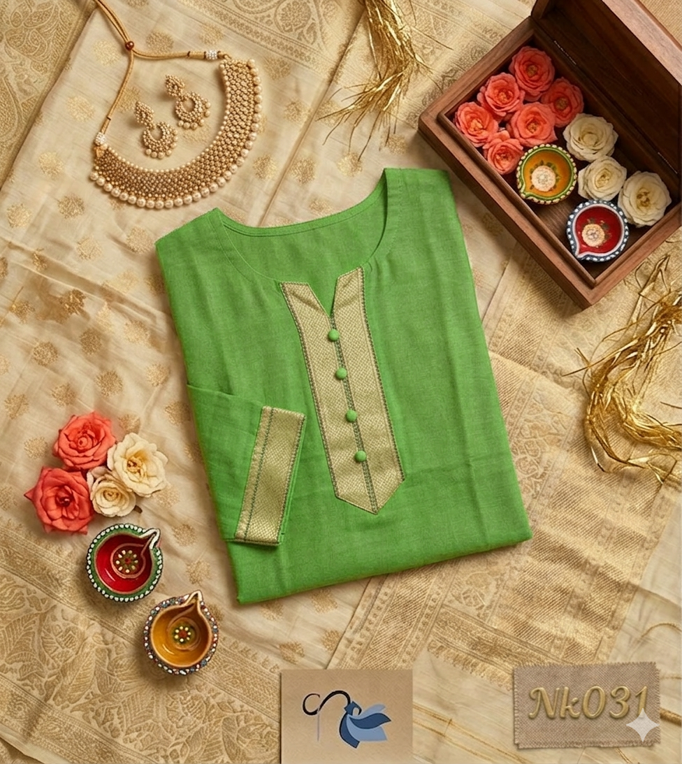 Naanal brand green Chettinad cotton kurti with gold zari border and decorative neck buttons, styled in a festive flat lay with a silk saree background, jewelry, and diyas.
