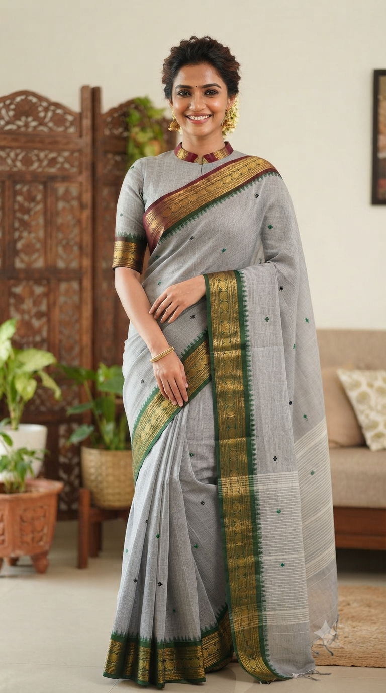 Pure Handloom Chettinad Cotton Saree with Dual-Tone Borders| Naanal