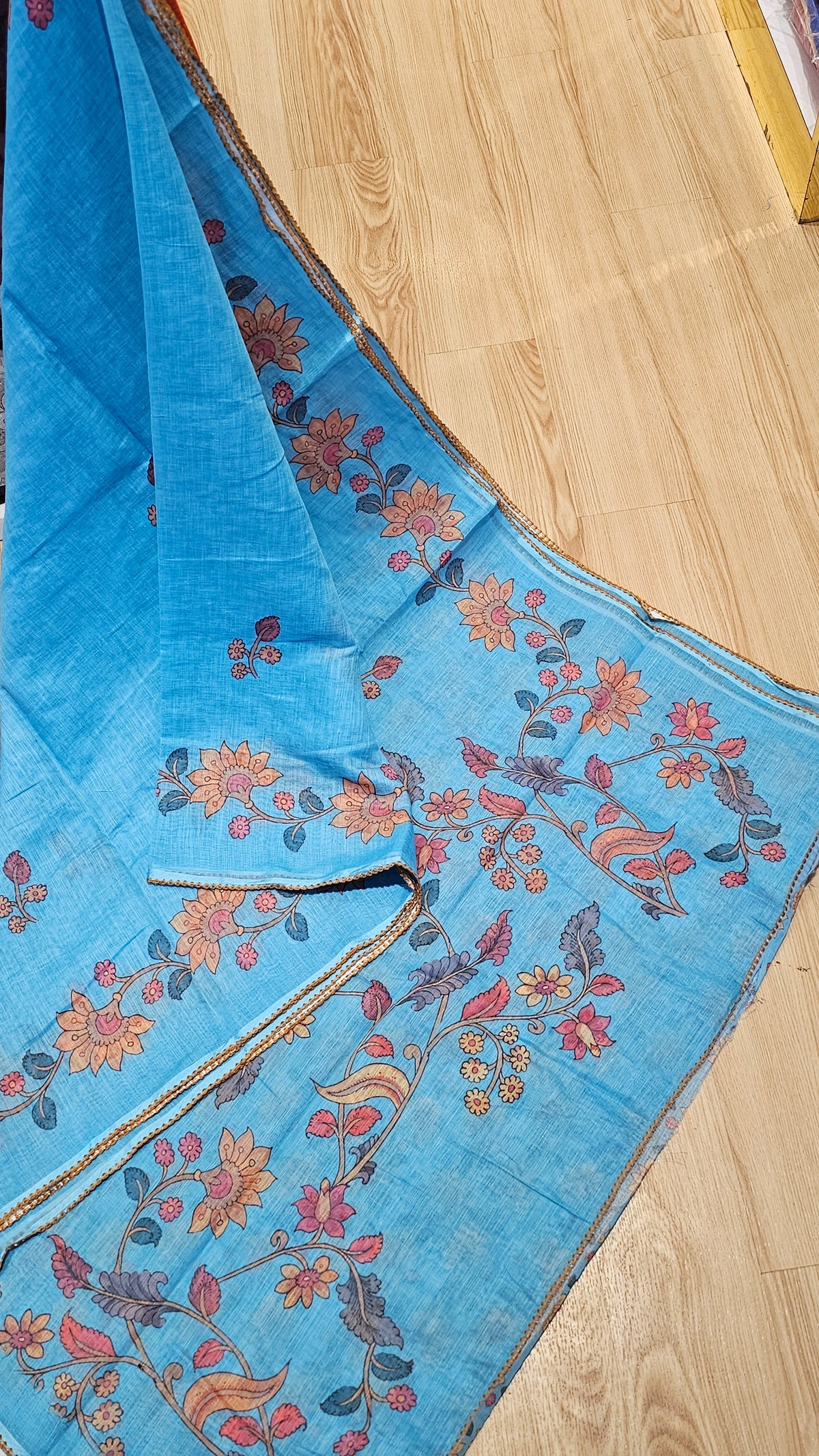 Sky Blue Linen Cotton Floral Printed Saree with Matching Blouse Piece | Office Wear Collection