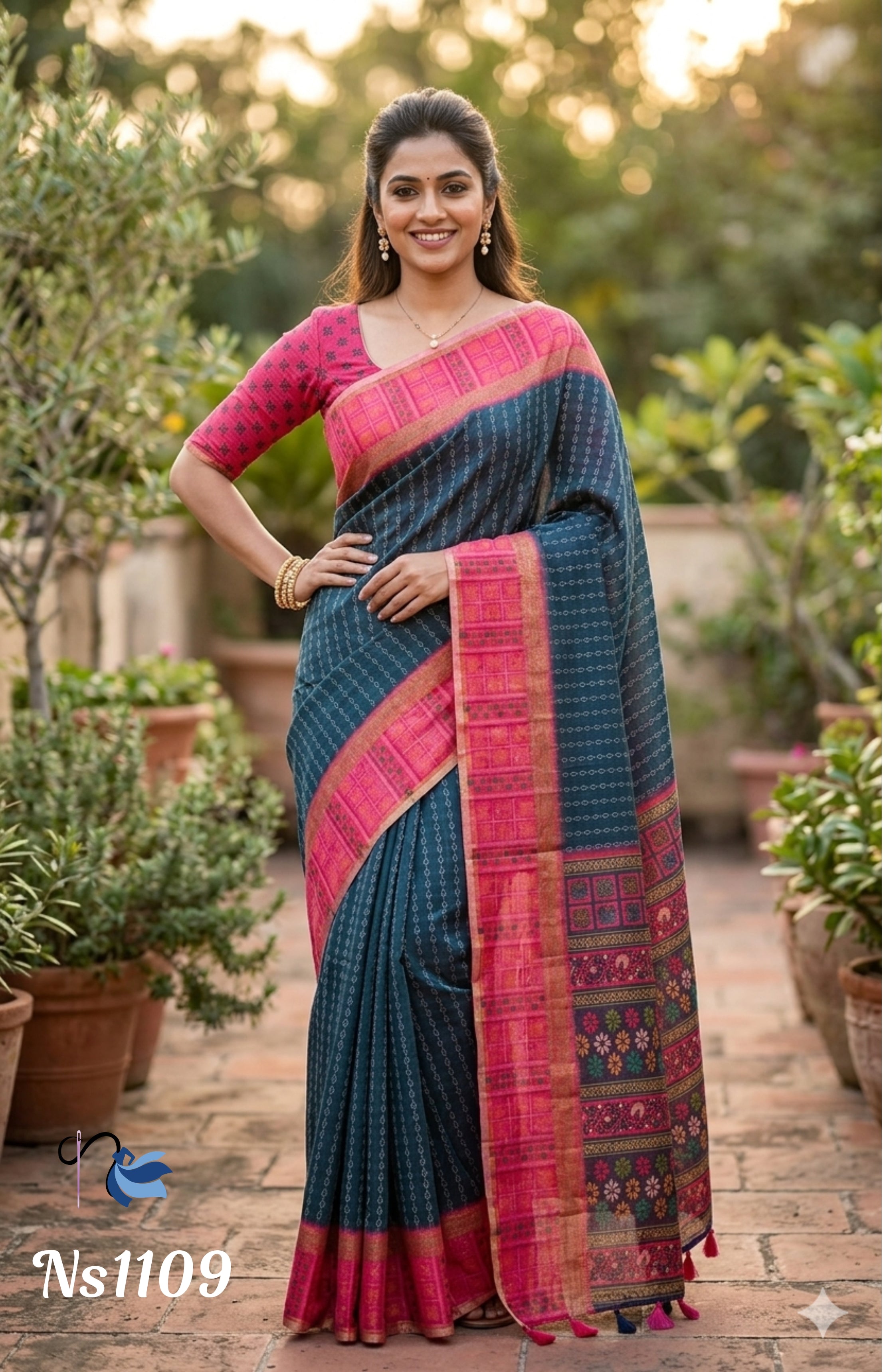 A woman wearing an elegant teal linen cotton saree featuring a vibrant pink patterned border, styled with a matching pink blouse,