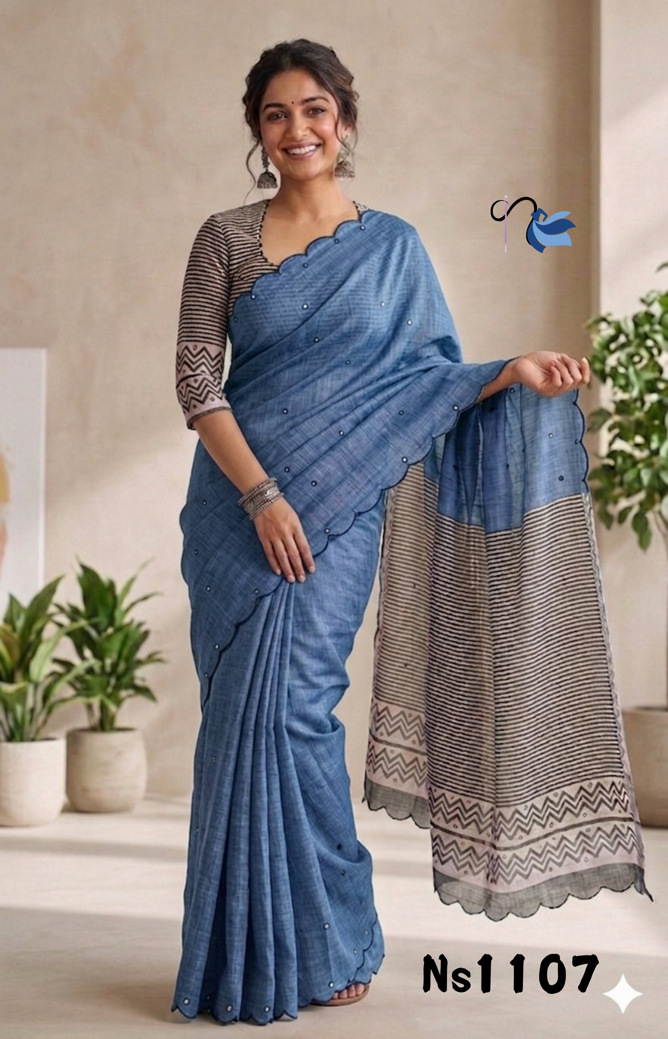 Dusty Indigo Linen Cotton Saree with Scalloped Embroidery