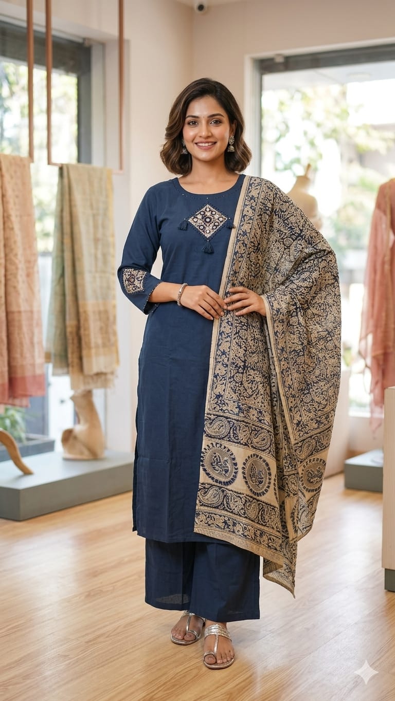Woman wearing a navy blue Jaipur cotton 3-piece salwar suit set with an ornate hand-block printed Kalamkari dupatta, showcasing elegant ethnic wear by Naanal.