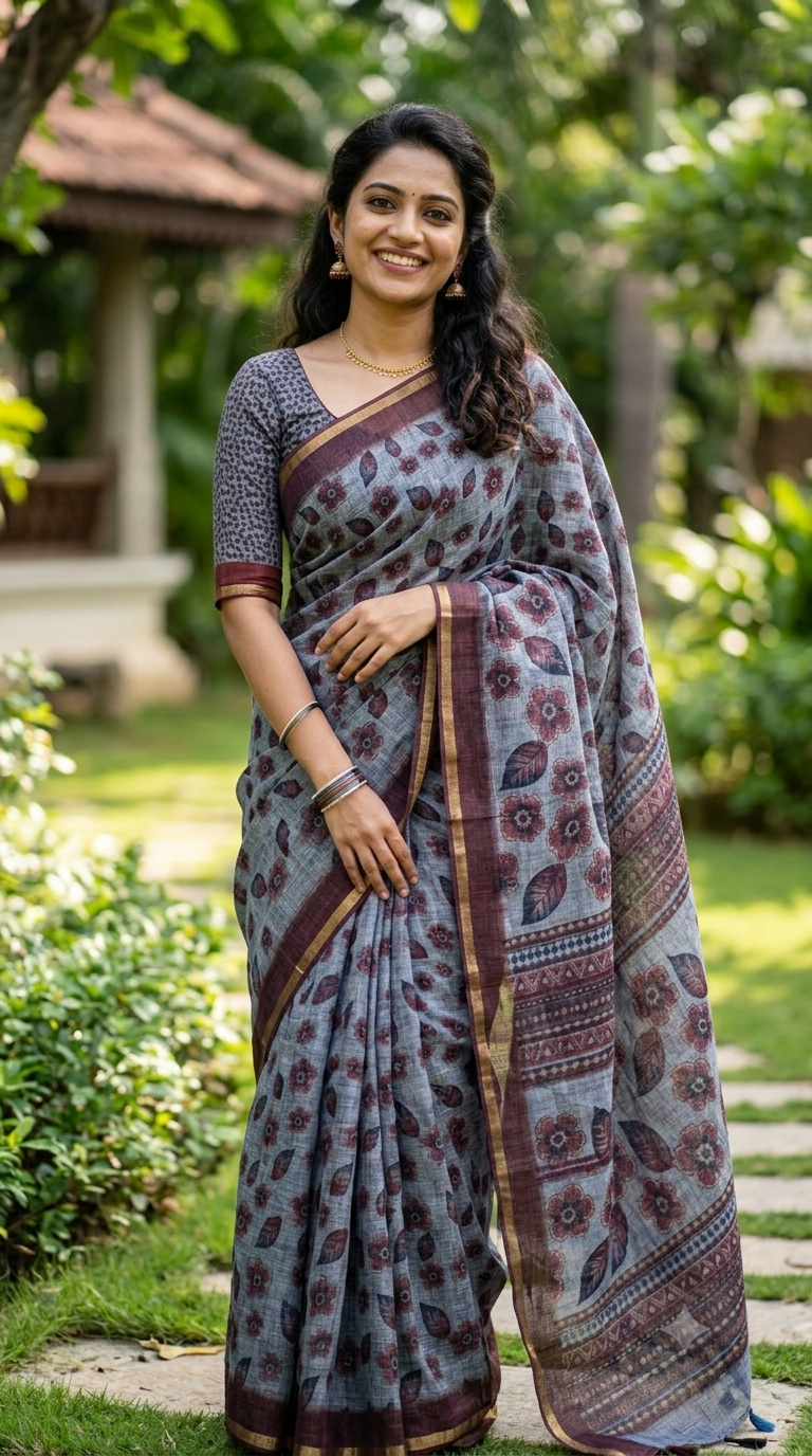 Elegant Grey Floral Printed Linen Saree with Maroon Zari Border| Naanal