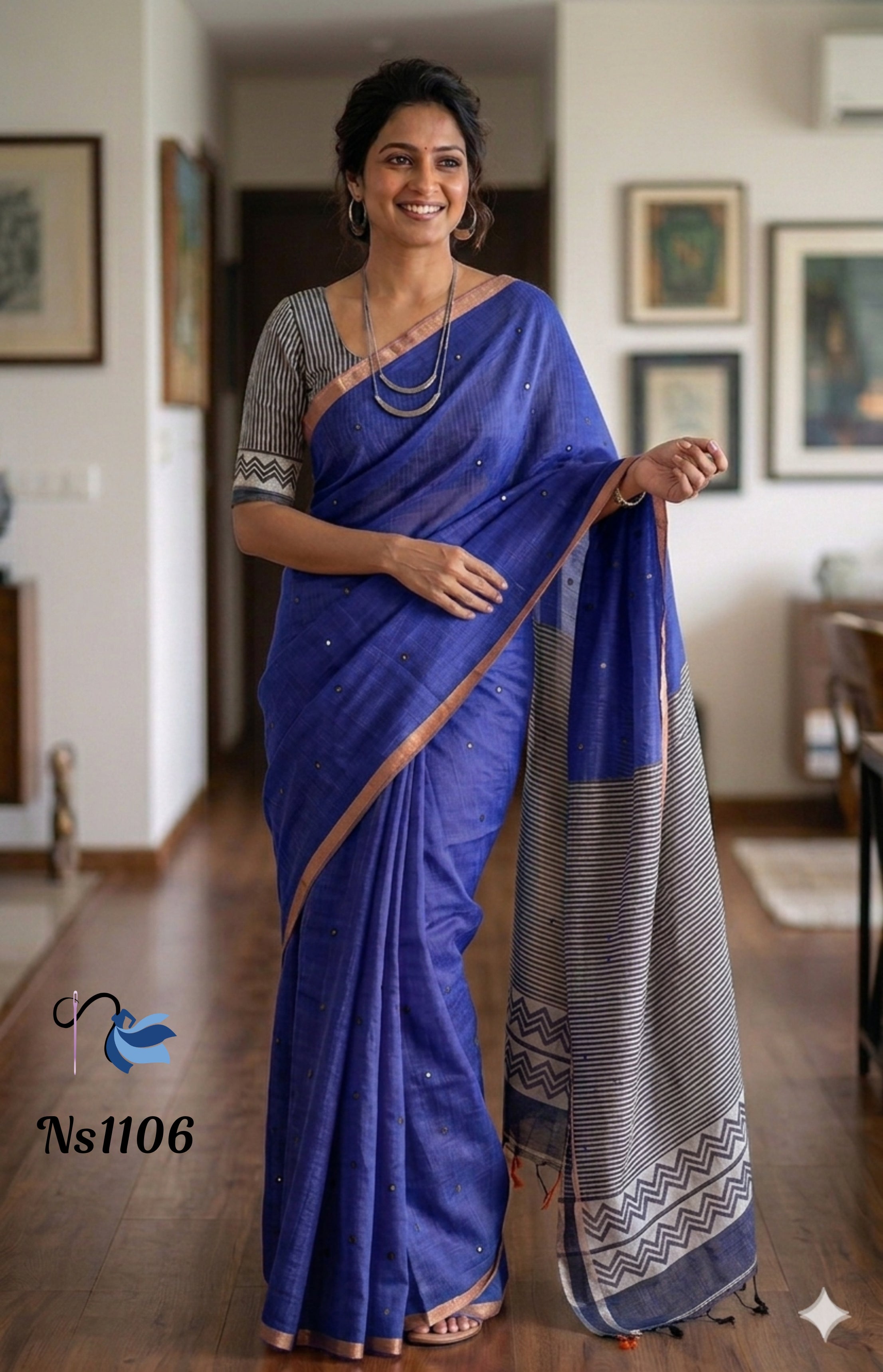 Royal Blue Linen Cotton Saree with Metallic Border & Striped Pallu | Ns1106