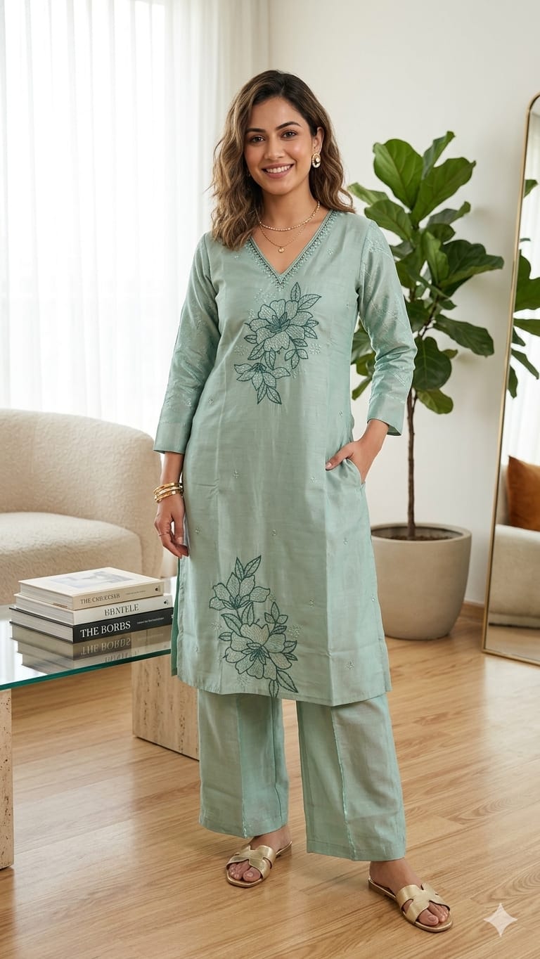 Sage Green Shimmer Silk Coord Set with Floral Embroidery | Naanal