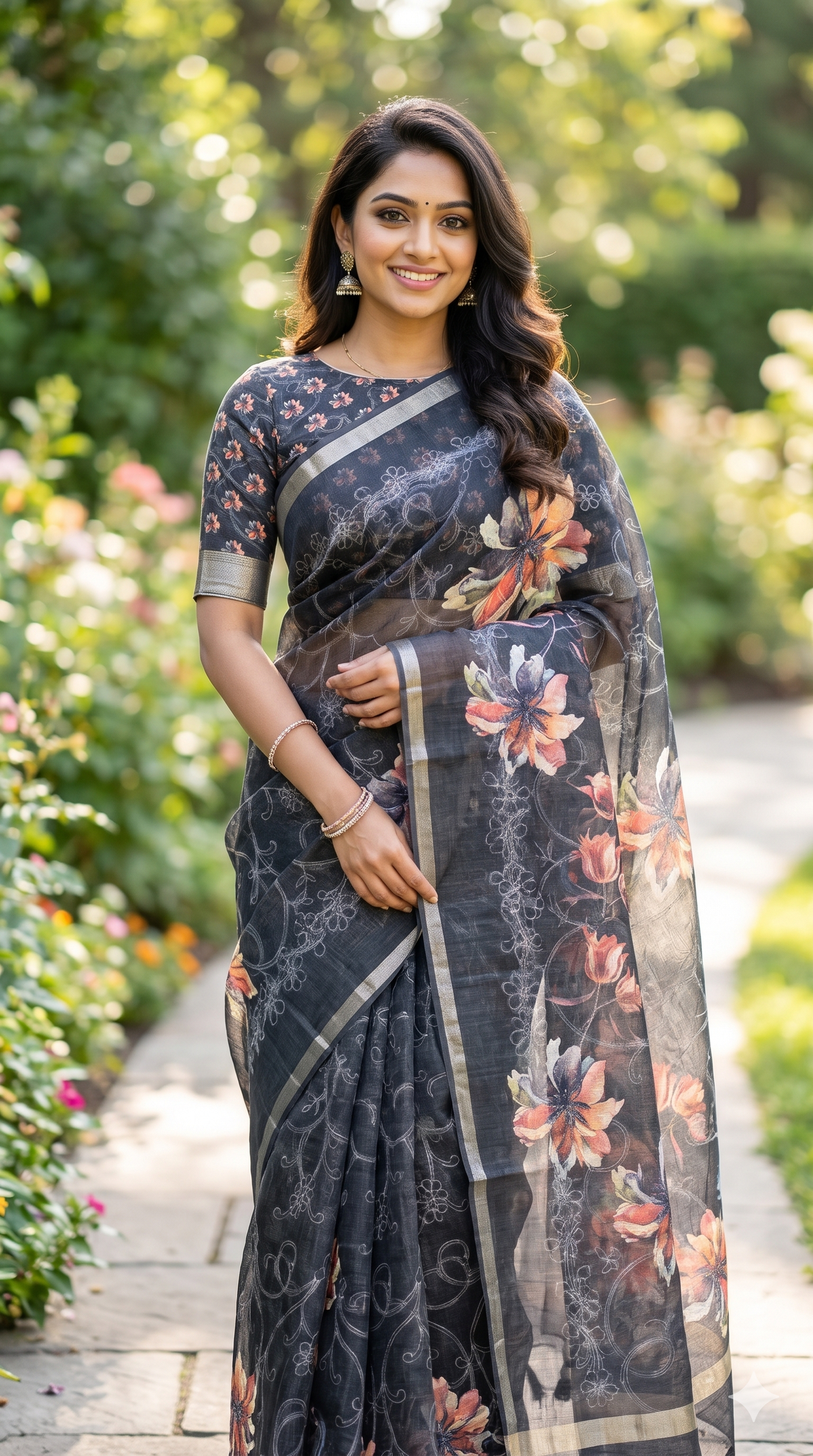 Black Embroidered Linen Cotton Saree with Blouse Piece | Naanal