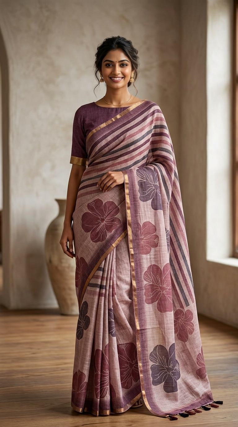 Elegant Floral Linen Cotton Saree | Breathable Office Wear | NAANAL