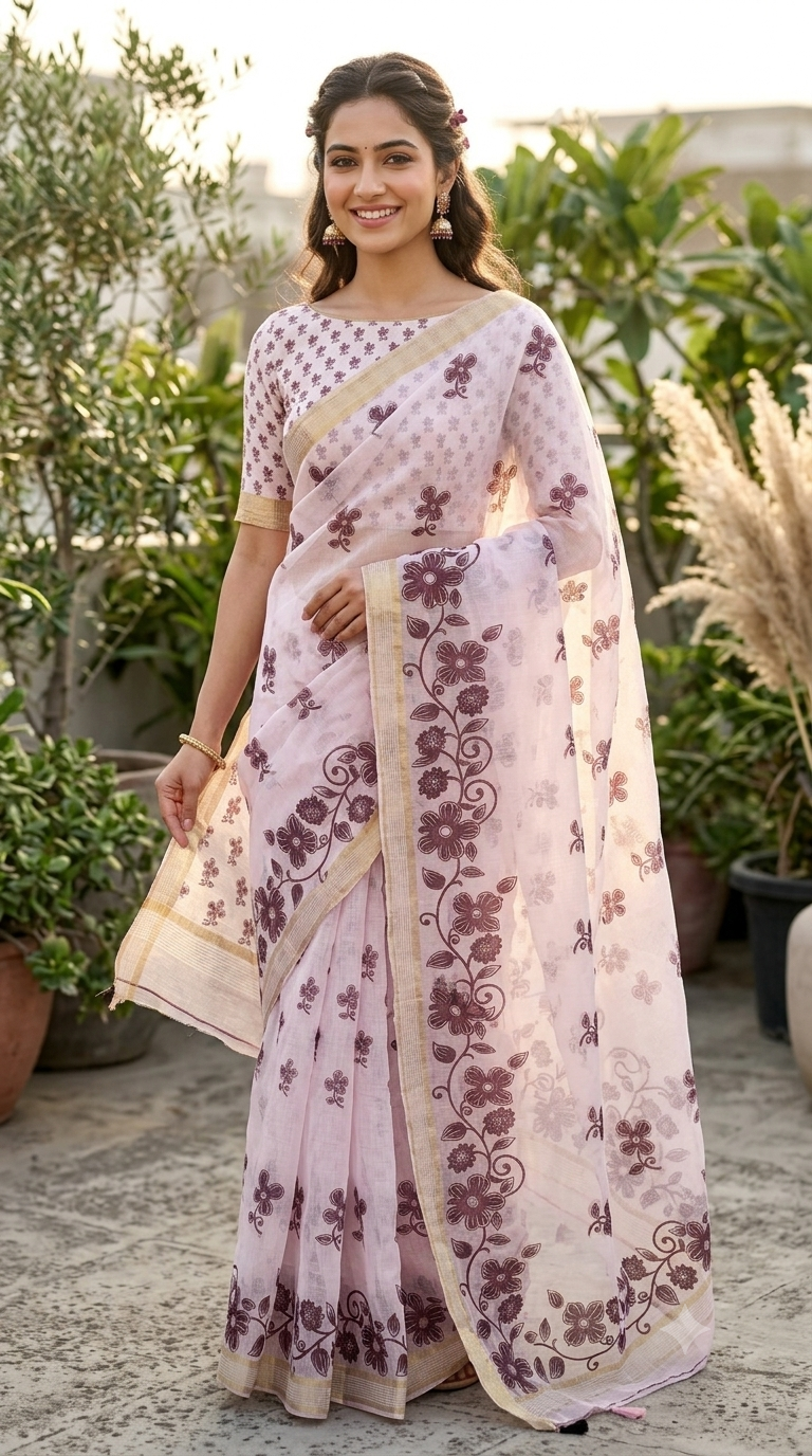 NAANAL Light Pink Linen Cotton Saree with Floral Block Print
