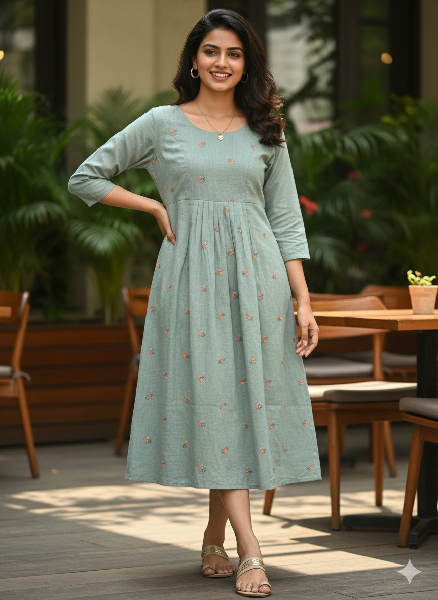 Linen Cotton Frock with Embroidery Buttas | Naanal