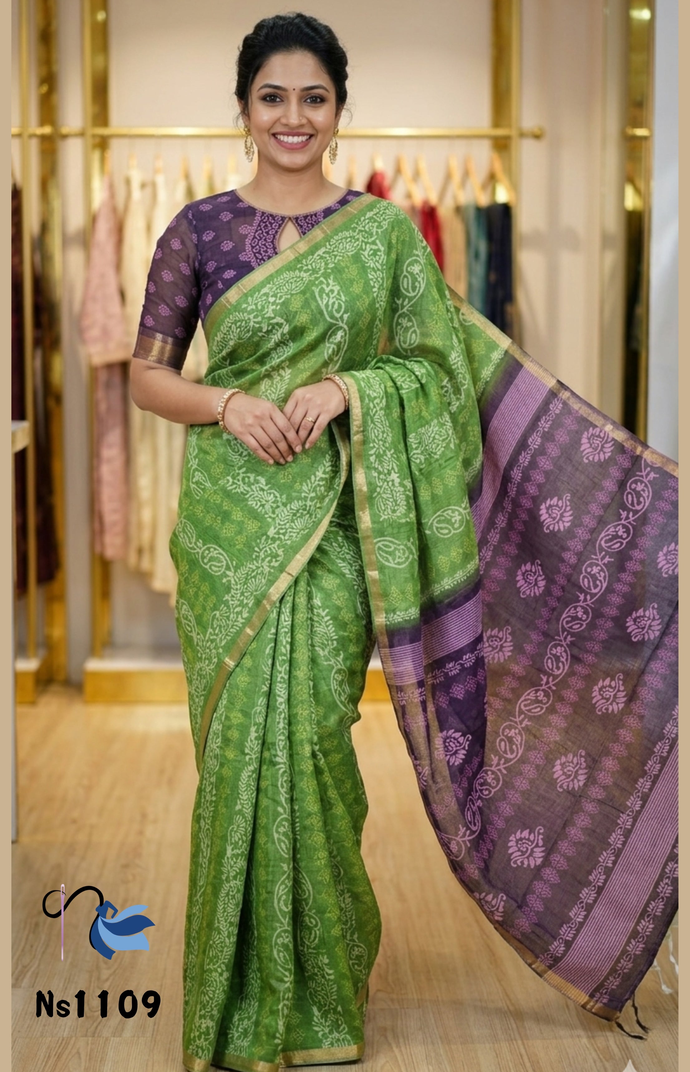 Forest Green & Royal Purple Block Print Linen Saree | NAANAL