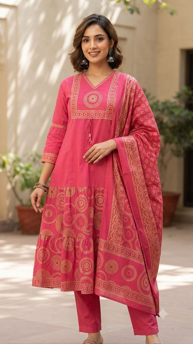 Pink Cotton Salwar Set with Gold Print - Traditional Indian Wear | NAANAL