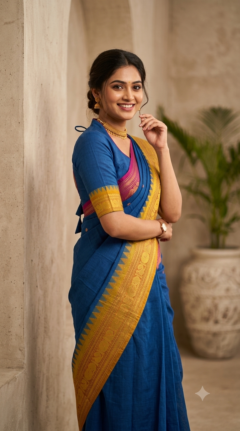 A woman wearing a royal blue saree with a wide golden-yellow border and a pink blouse, standing in a warm-toned indoor setting with a stone wall and a potted plant in the background.