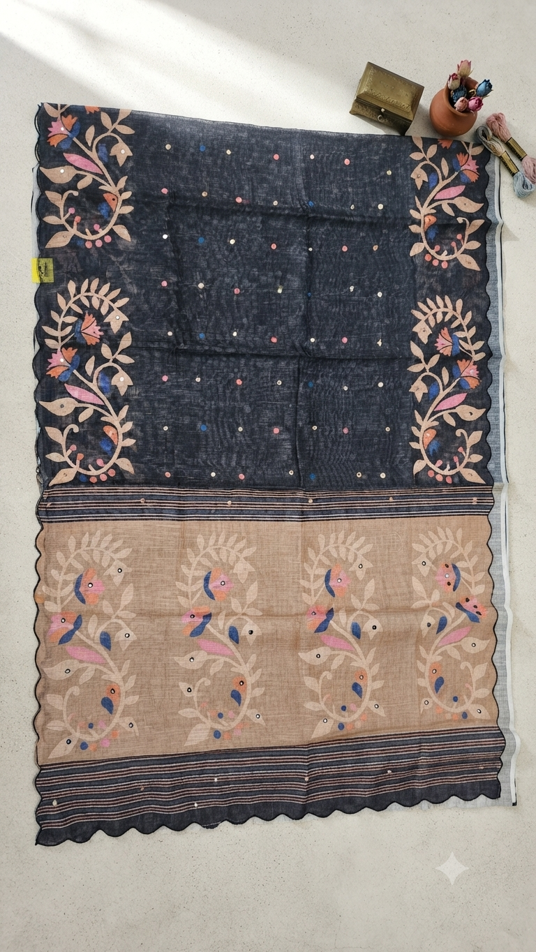 Black Linen Cotton Saree with Floral Embroidery & Mirror Work | Ethnic Wear Online | Naanal