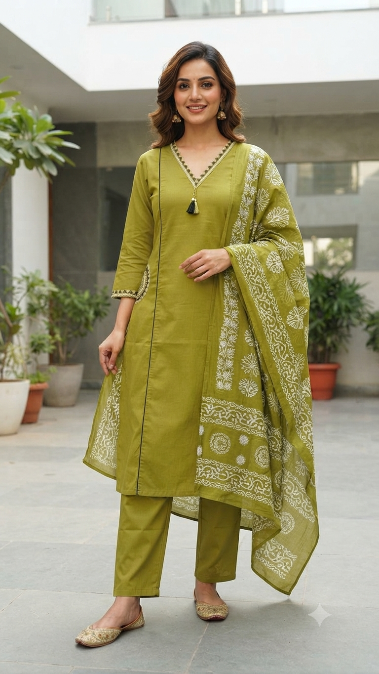 Olive Green Cotton Salwar Set with Intricate Detail | NAANAL