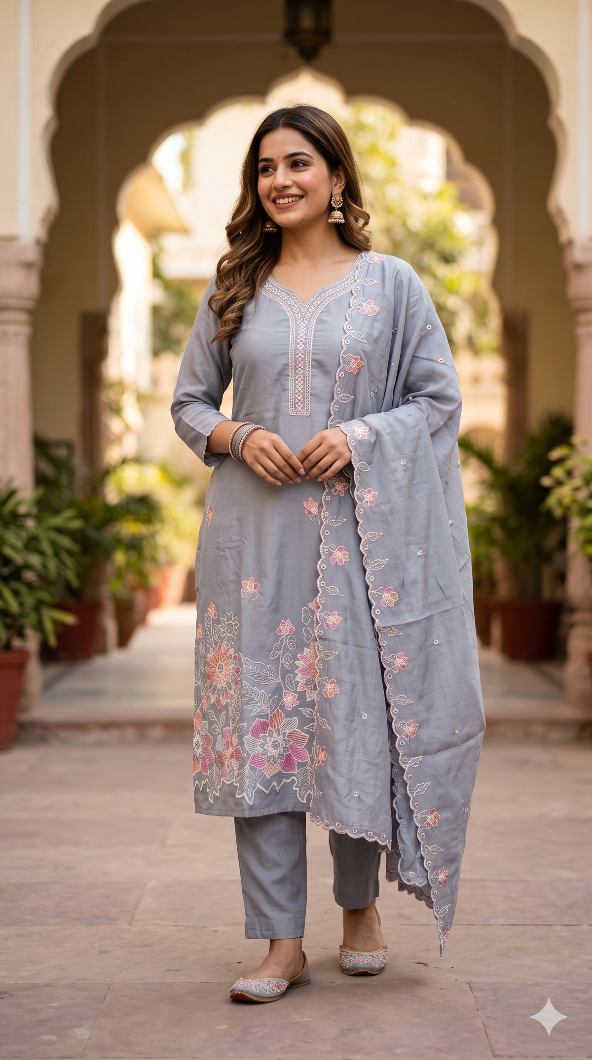 Grey Vatikan Silk Salwar Set with Printed Florals | NAANAL