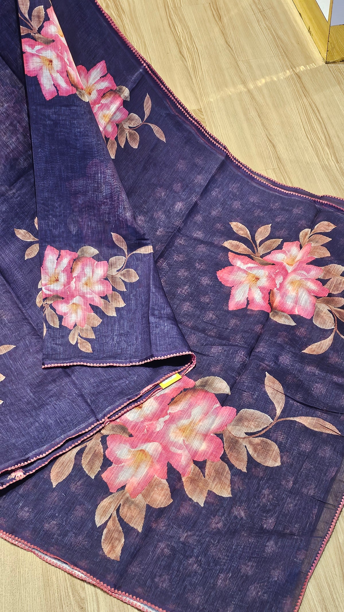 Deep Plum Floral Linen Cotton Saree | NAANAL