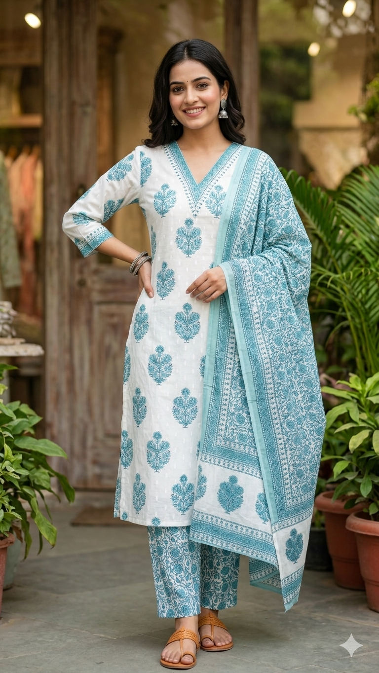 NAANAL | Hand-Block Printed Cotton Salwar Set in Blue & White