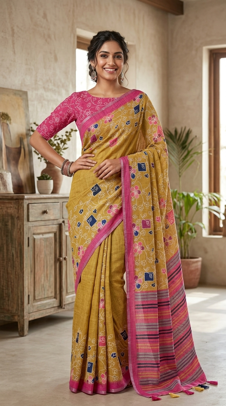 Smiling stylish woman wearing a draped mustard yellow linen cotton saree with floral prints, pink borders, and a contrasting pink floral blouse.
