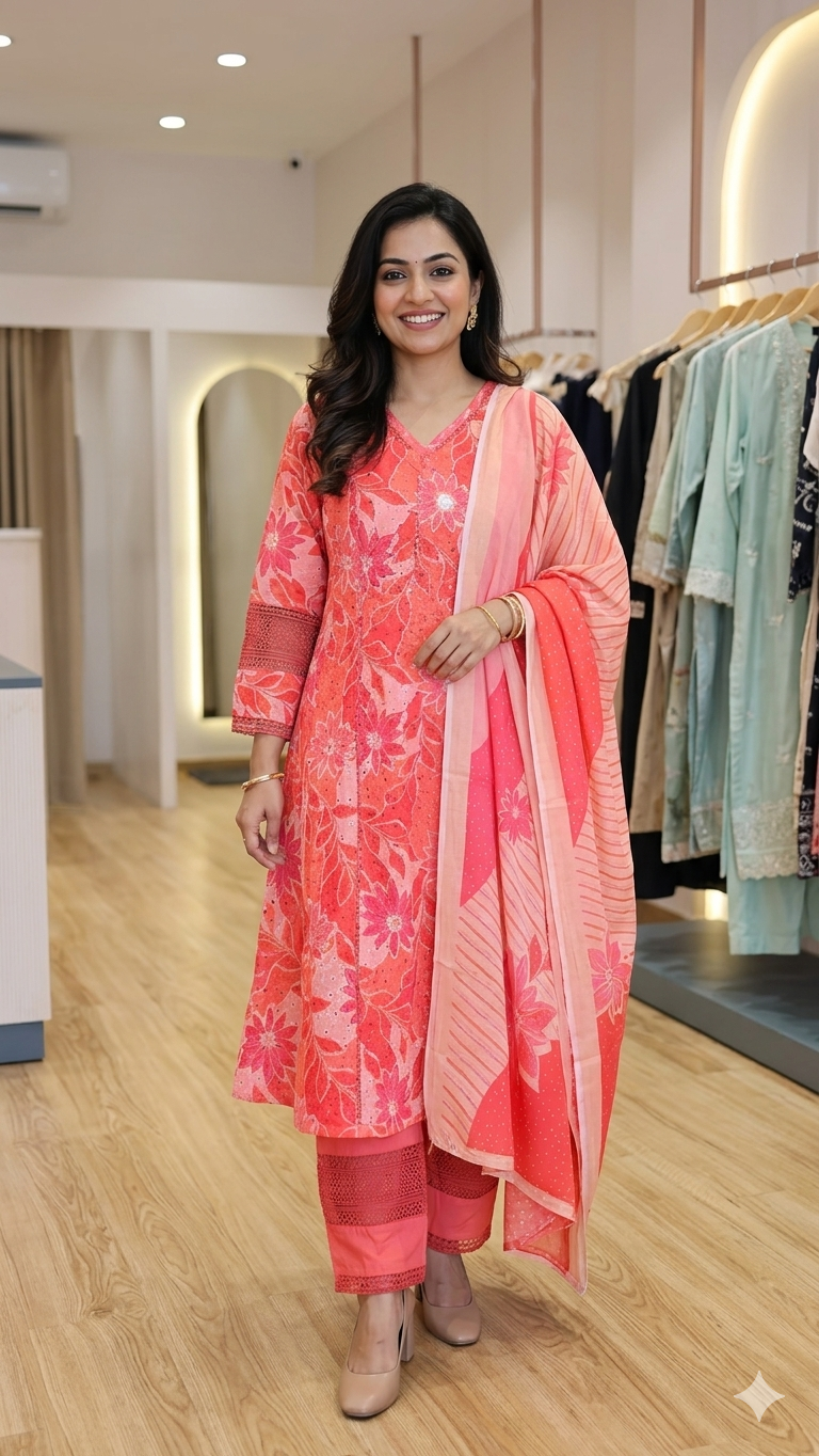 A woman in a boutique wearing a peach and coral floral printed long kurta set. The outfit includes matching straight-fit pants with lace borders and a coordinated dupatta with striped and floral patterns.
