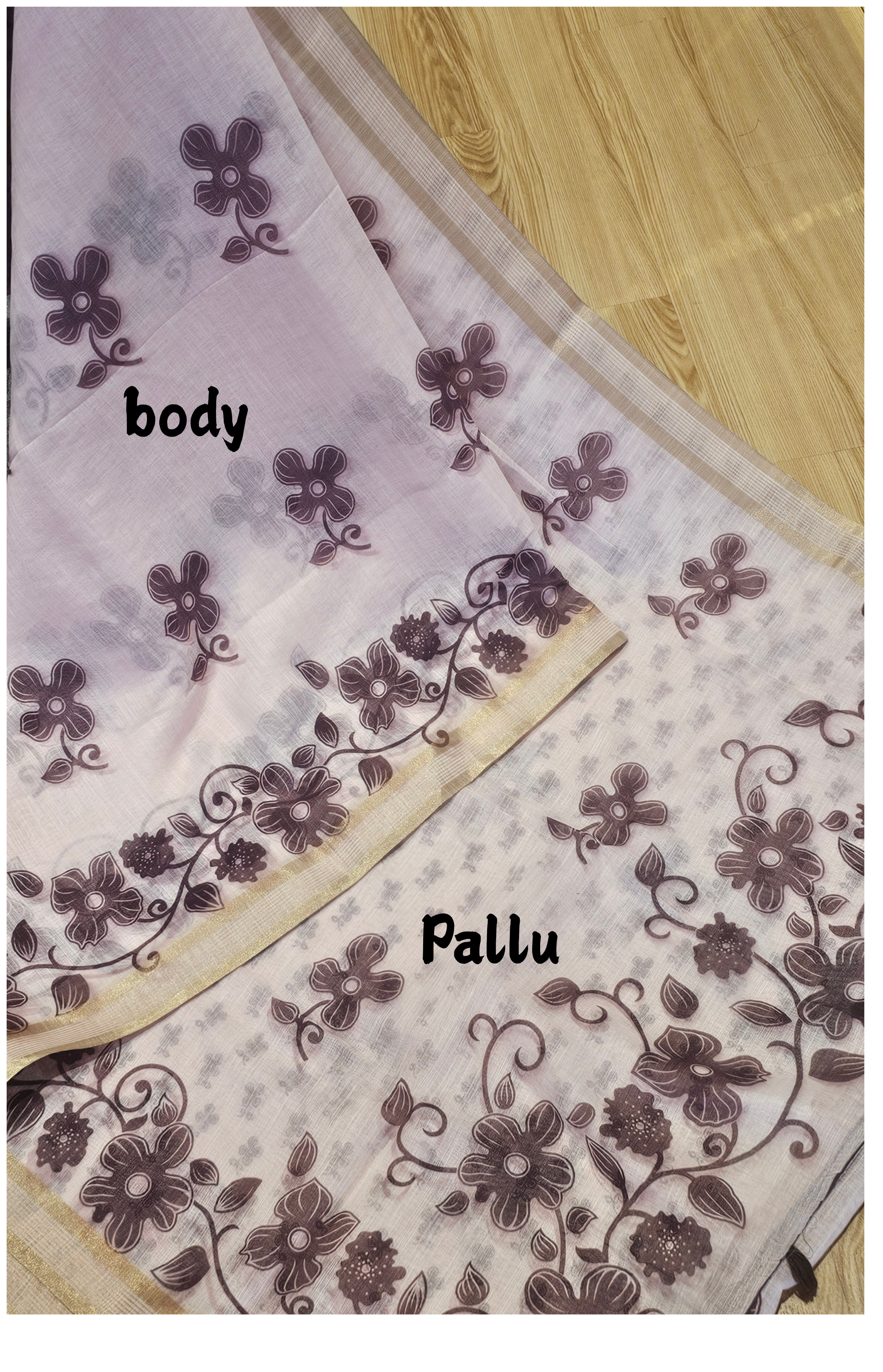 NAANAL Light Pink Linen Cotton Saree with Floral Block Print
