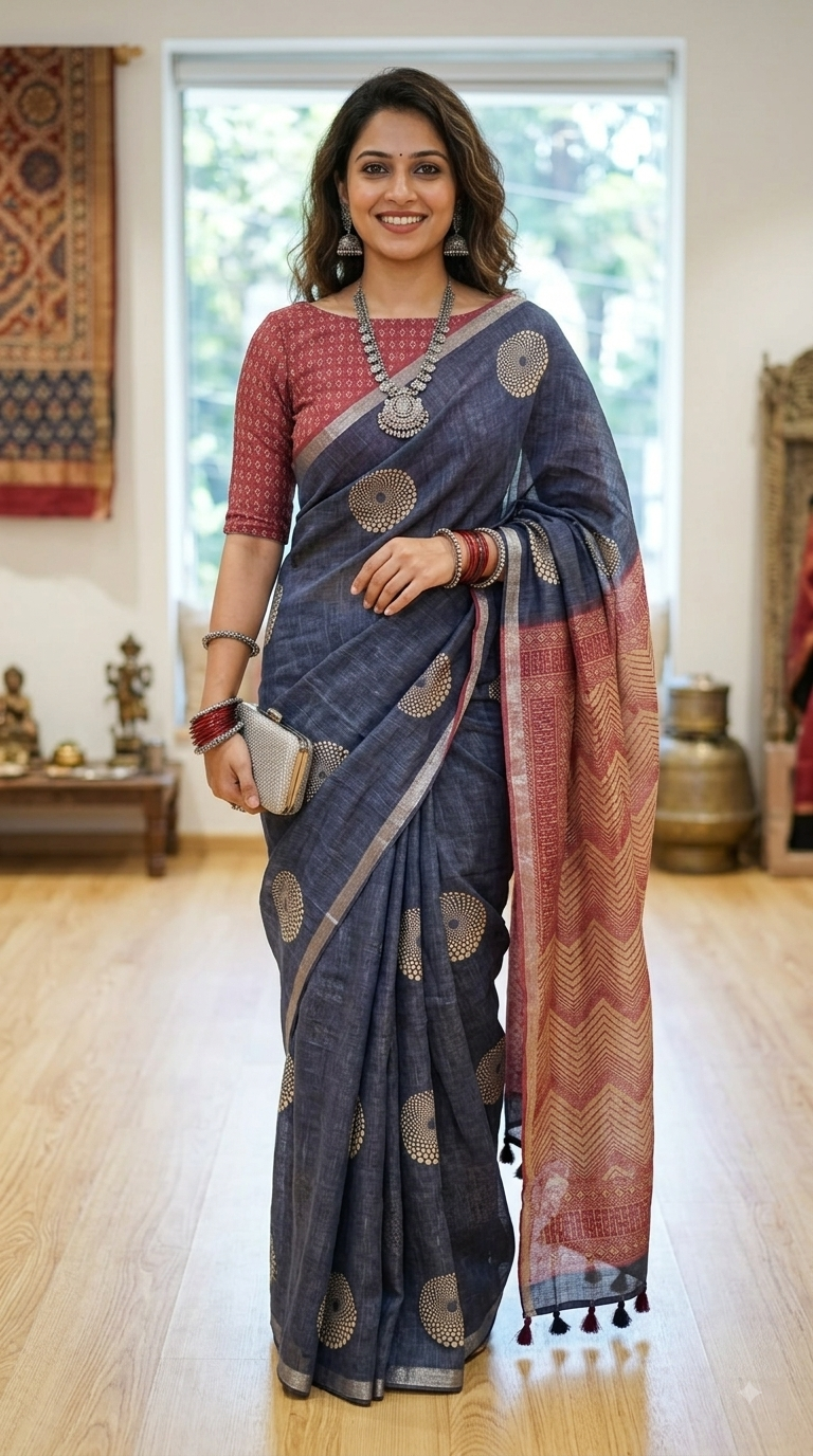 "Grey linen cotton saree featuring circular spiral motifs and a beige pallu with maroon zigzag patterns"