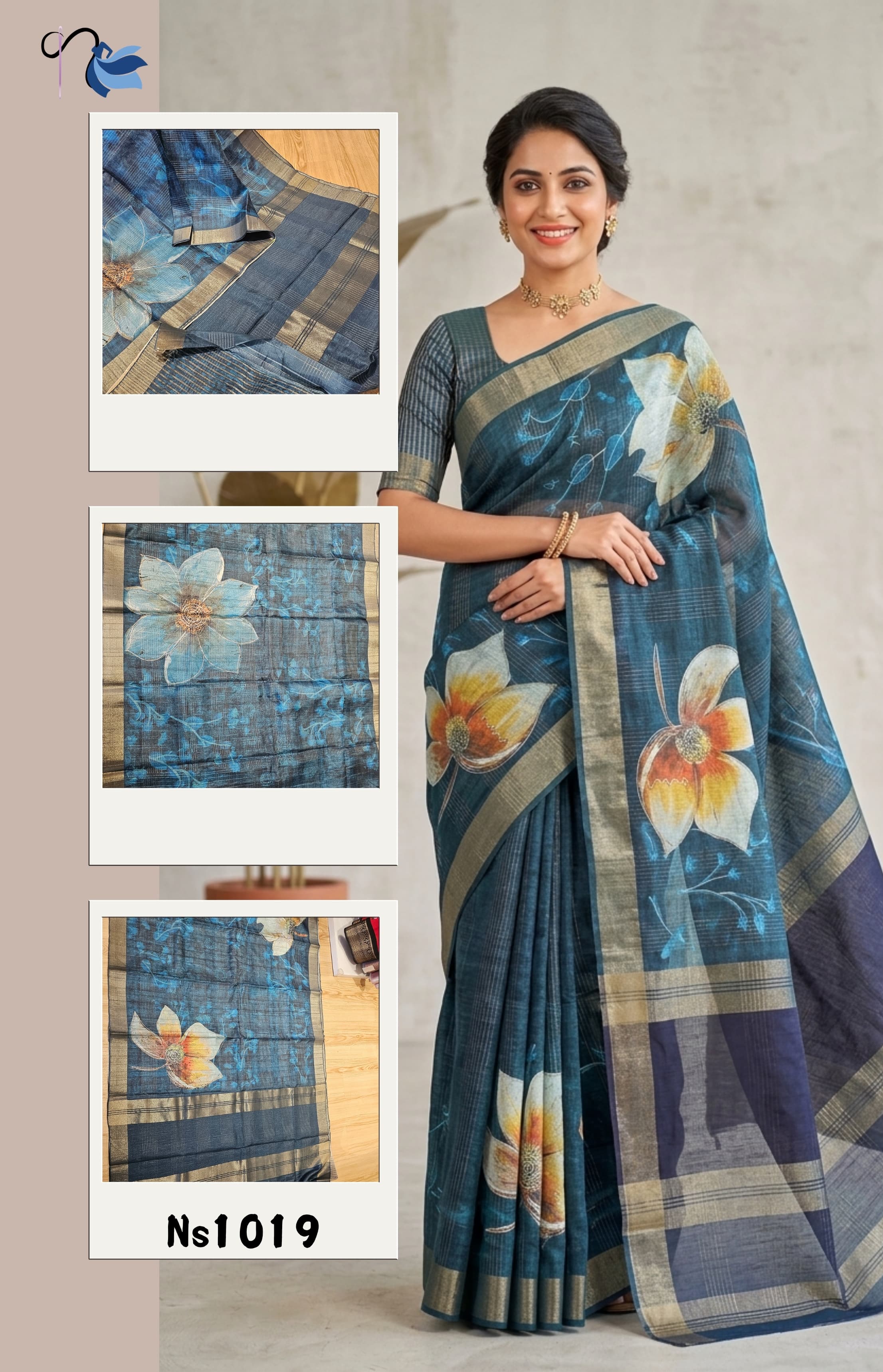 Woman wearing a blue floral saree with close-up insets of fabric patterns on a beige background.