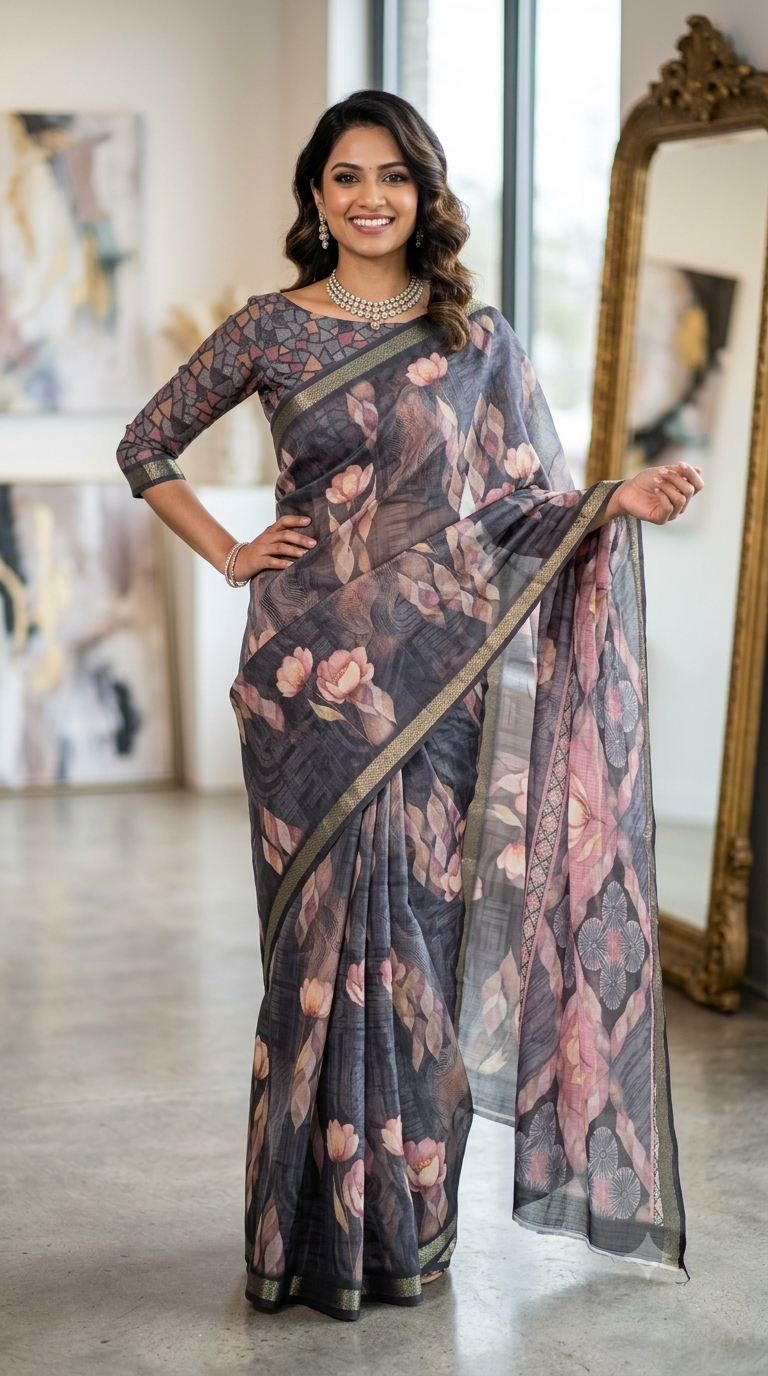 Elegant Grey Floral Varnika Silk Saree | Soft & Flowy| Naanal
