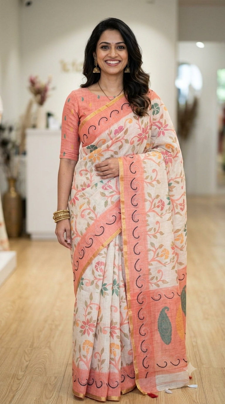 Peach & Ivory Floral Linen Cotton Saree | Formal Office Wear Collection