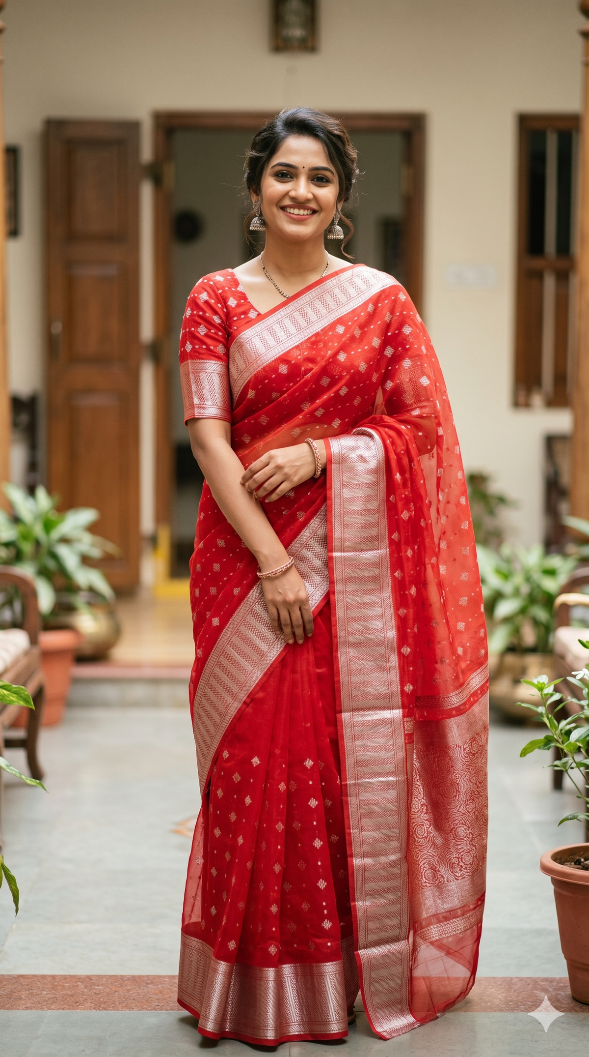 Vibrant Red Organza Saree with Silver Zari Work | Shop Now