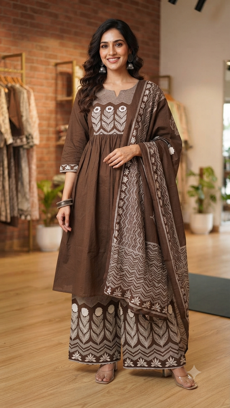 Elegant Brown Floral Print Salwar Set for Women | NAANAL