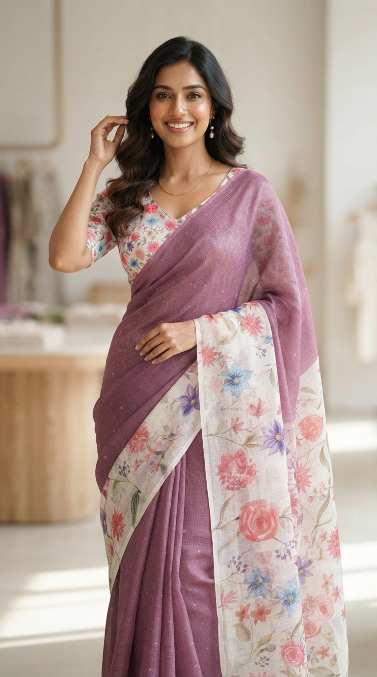 Elegant Mauve Kota Cotton Saree with Floral Print Pallu | Premium Ethnic Wear| NAANAL